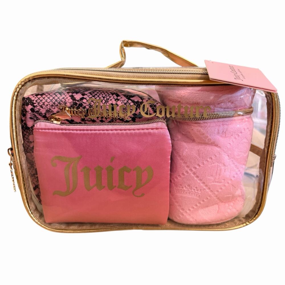 Juicy Couture Nested Travel Cosmetic Bags 4 Piece Set Pink Black Gold NWT - Picture 2 of 7